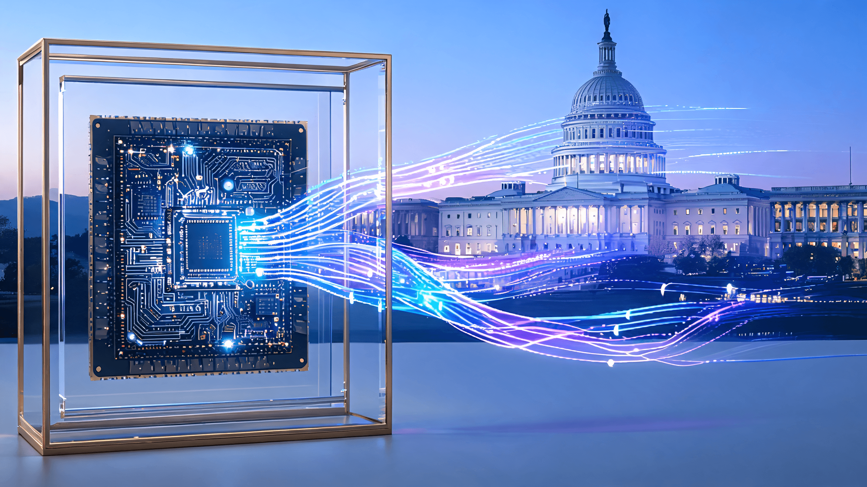 A sophisticated representation of a quantum computing chip inside a glass and gold frame, with abstr