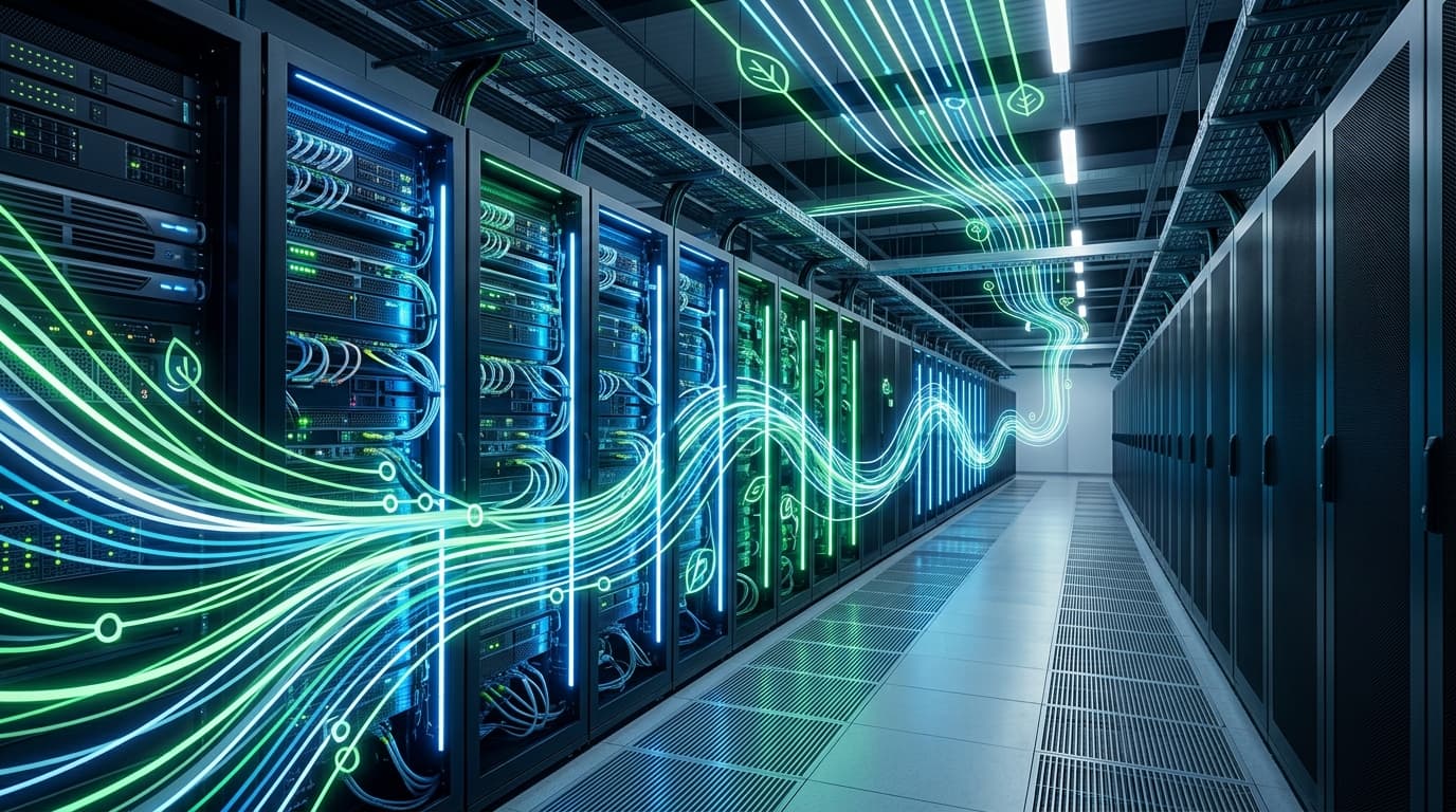 A modern, high-tech data center interior with illuminated server rows, contrasted with a clean, vect