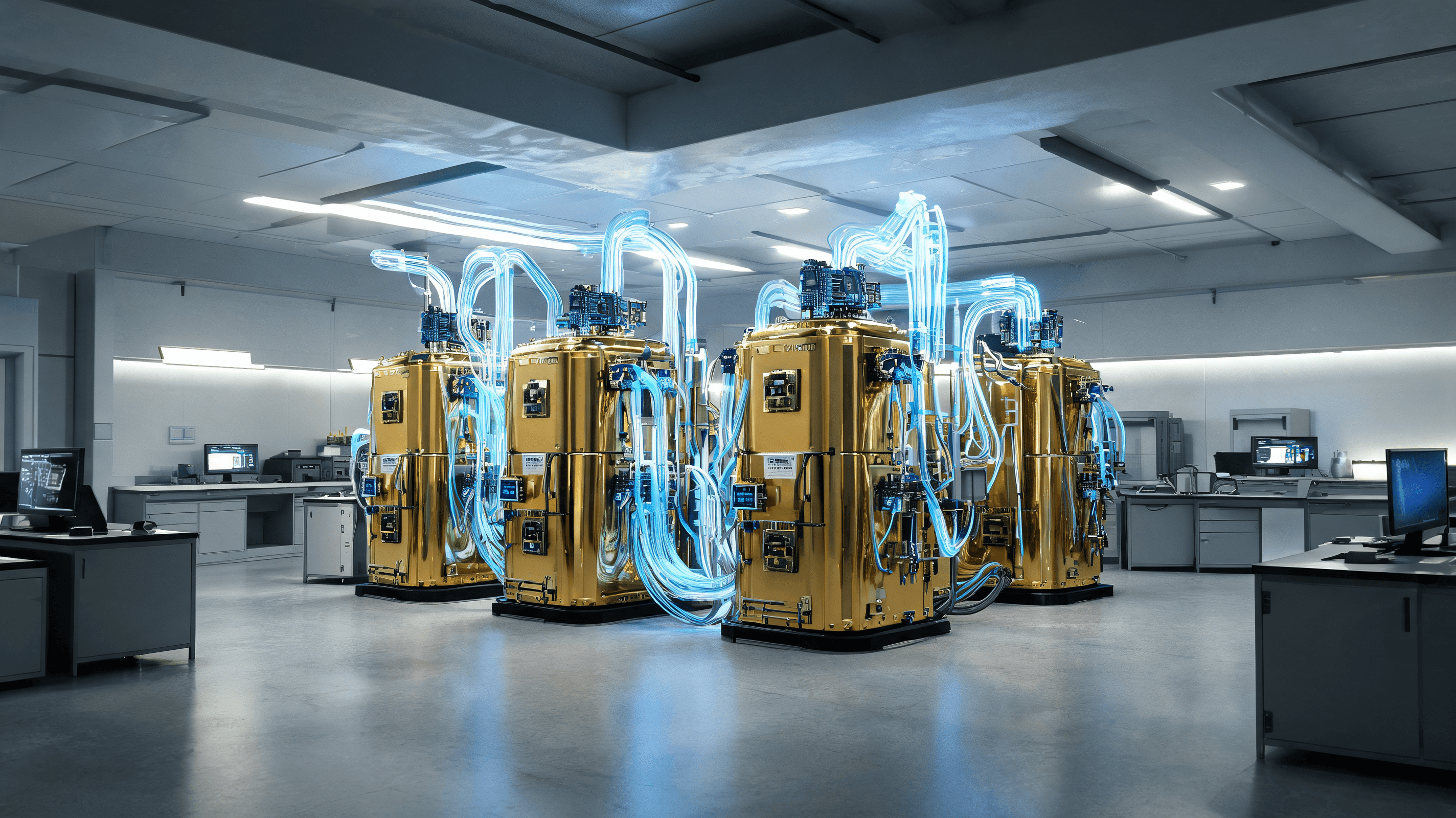 A modern, high-tech quantum computing lab interior, featuring gold-plated dilution refrigerators and