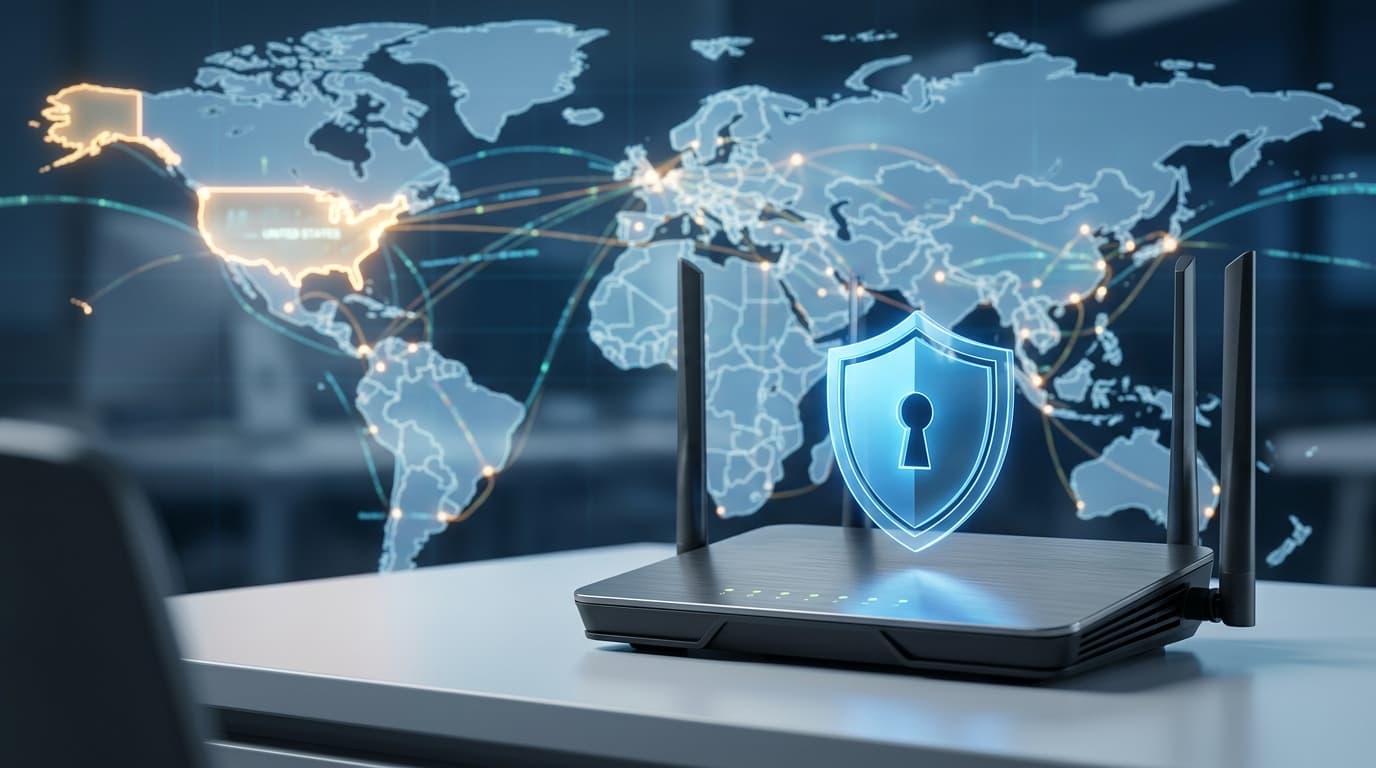 A close-up of a modern high-speed home router with a blue shield overlay icon symbolizing cybersecur