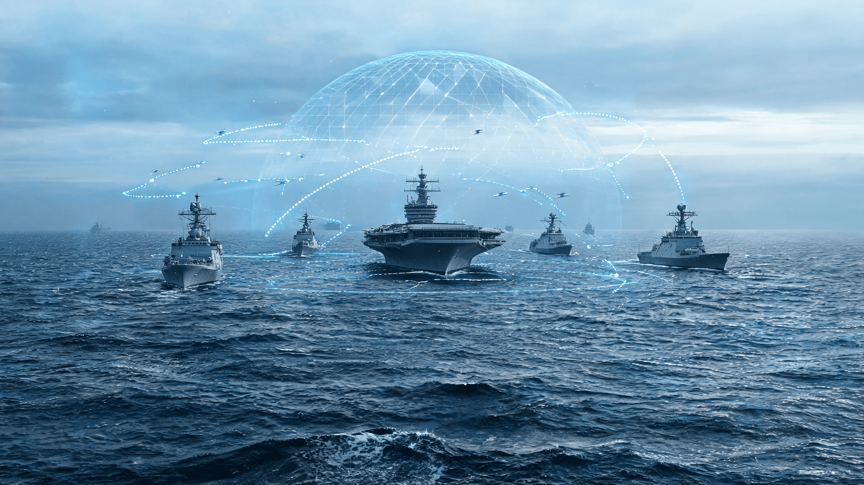 A modern, high-tech naval fleet at sea with a faint holographic overlay of drone paths and satellite