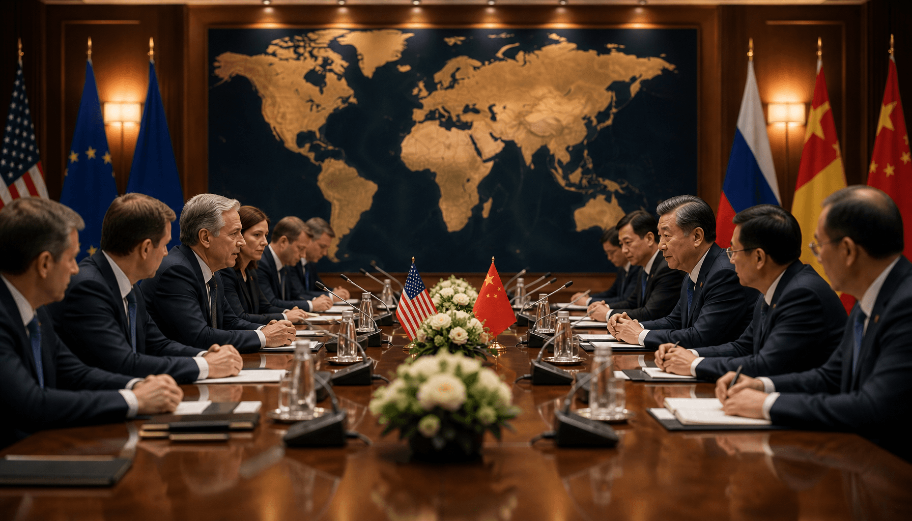 A high-stakes diplomatic meeting room with world maps in the background, warm lighting, professional