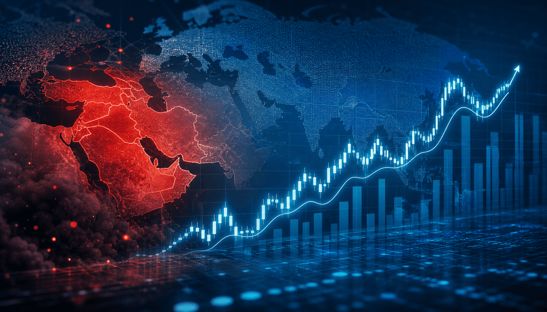 A digital visualization of a global financial chart with a fading red geopolitical heat map over the