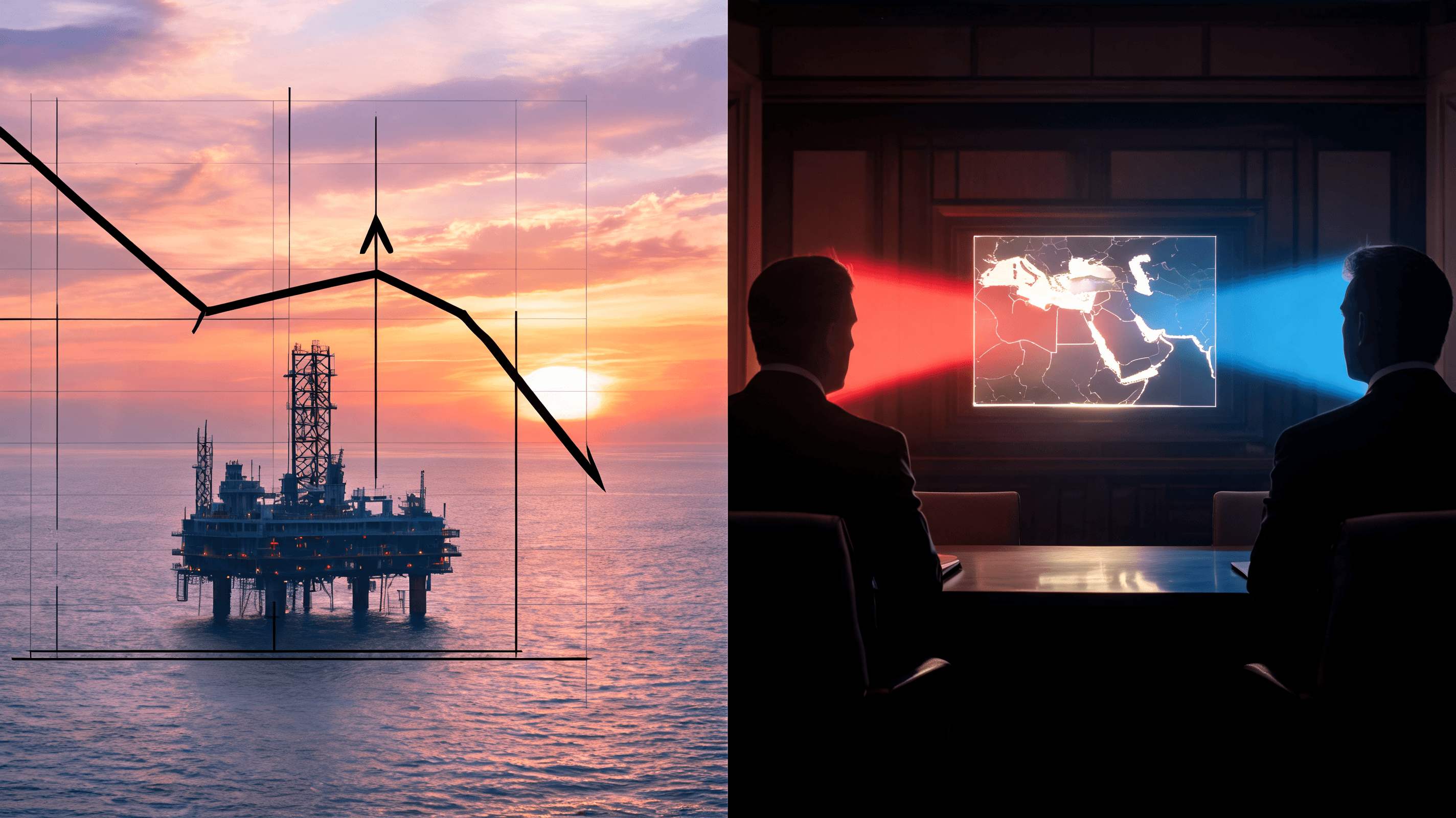 A digital graphic showing a split-screen effect. On one side, a conceptual view of an oil rig at sun