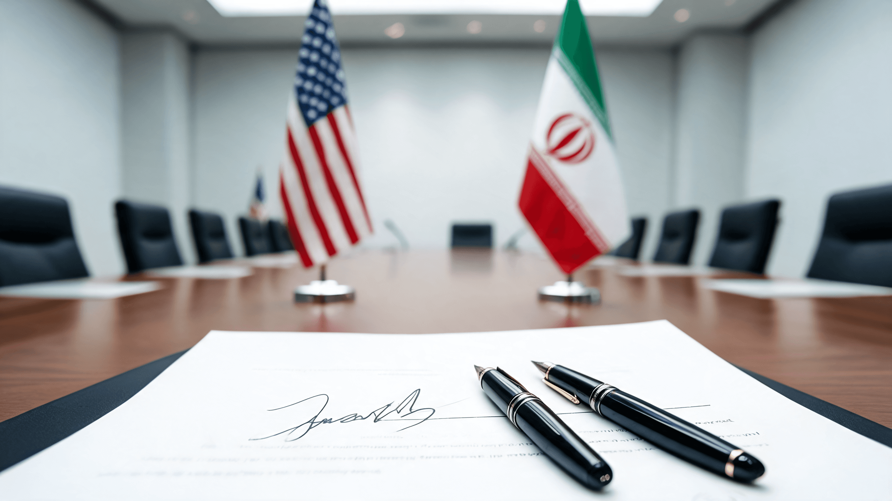 A formal diplomatic meeting table with American and Iranian flags placed symmetrically, blurred in t
