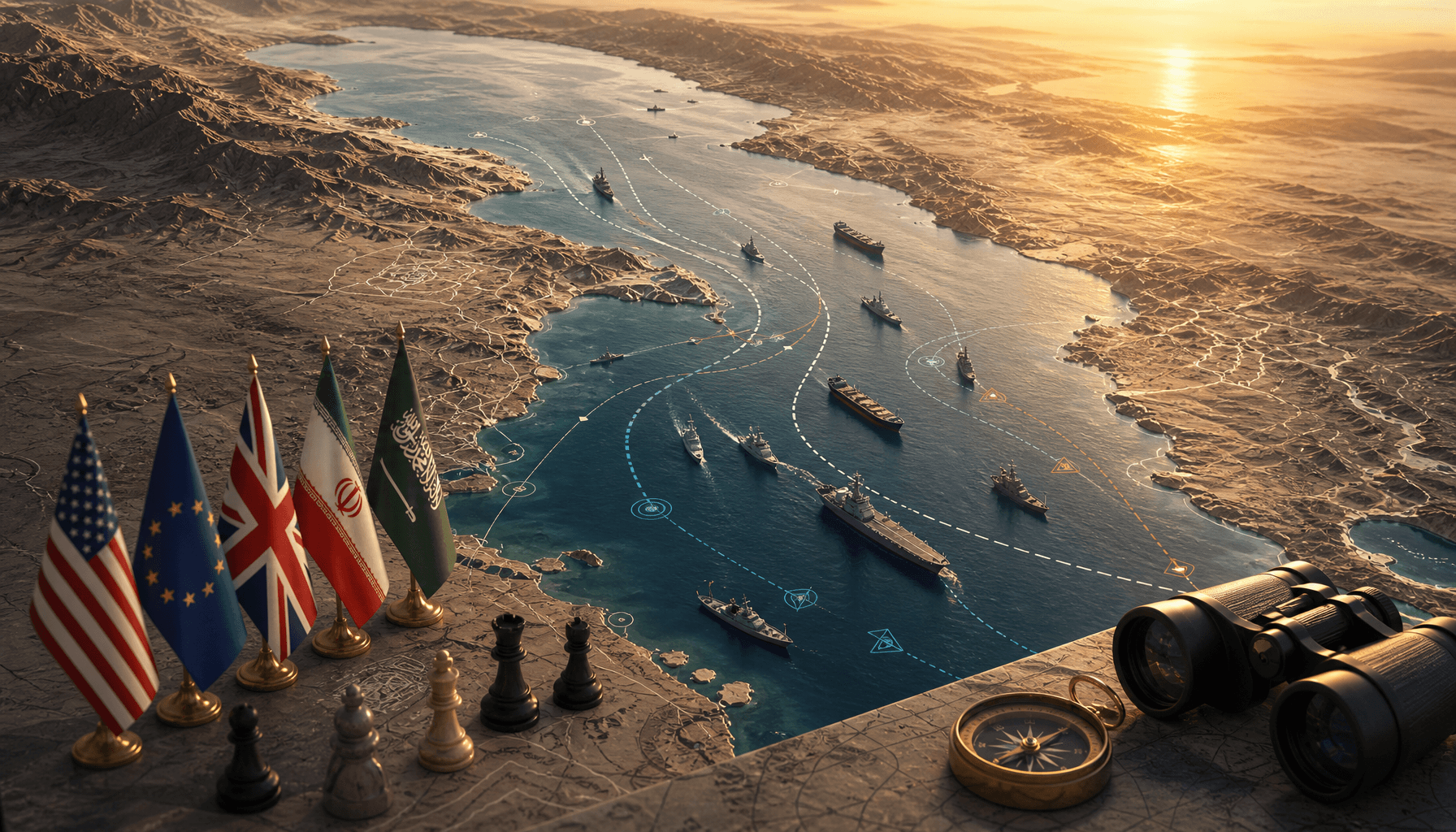 A tactical map of the Strait of Hormuz with overlaying diplomatic symbols and ship icons, warm sunse