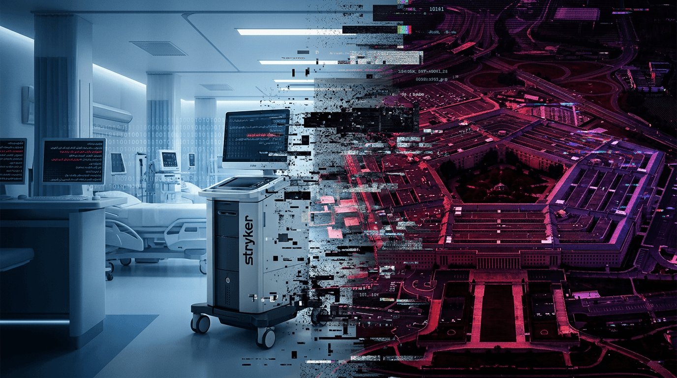 A cinematic digital landscape showing a futuristic hospital setting where computer screens flicker w