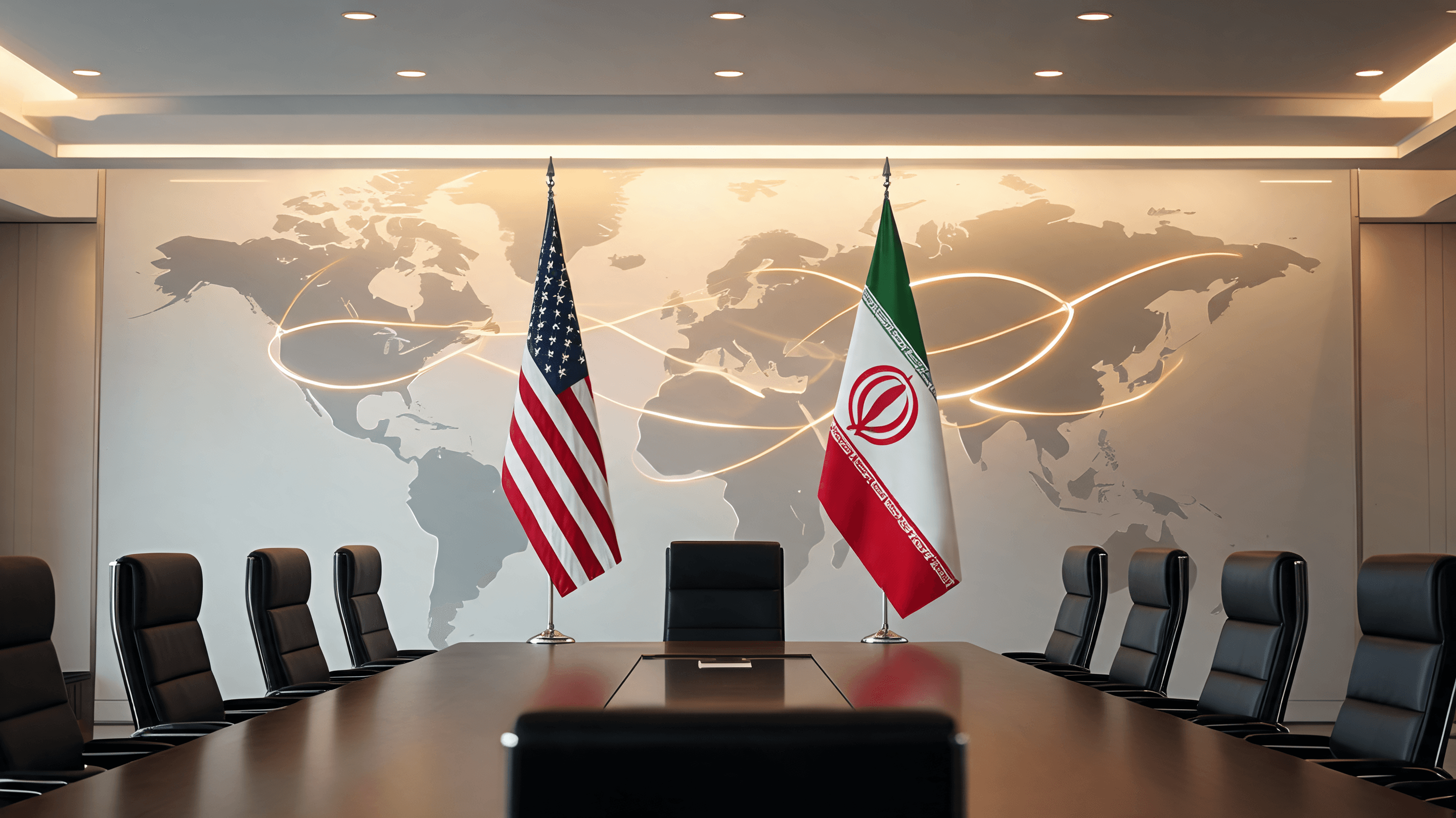 A modern diplomatic meeting room with flags of the USA and Iran prominently displayed, warm ambient