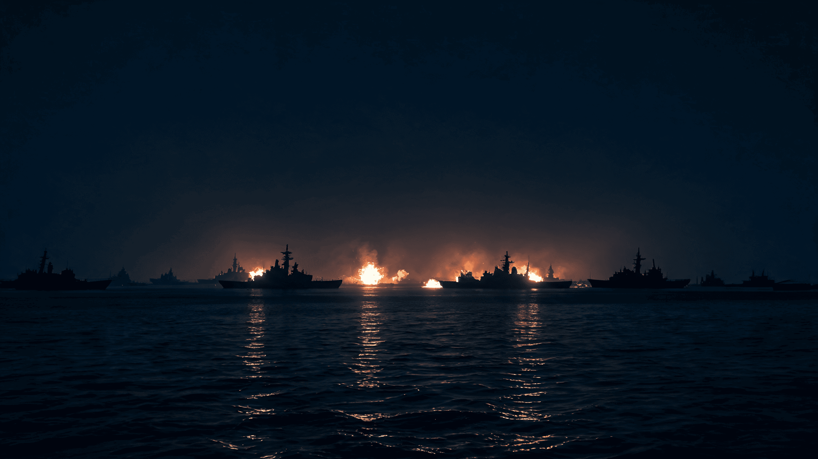 A dramatic, cinematic shot of the Persian Gulf at night, silhouettes of warships in the distance, di
