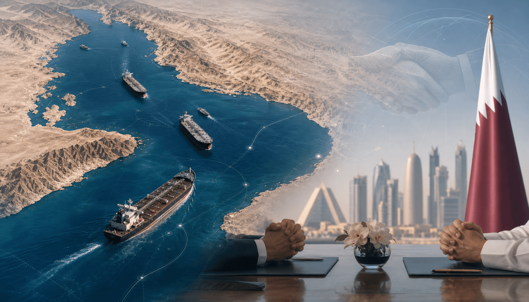 A digital illustration of the Strait of Hormuz with tankers moving through, overlaid with symbols of