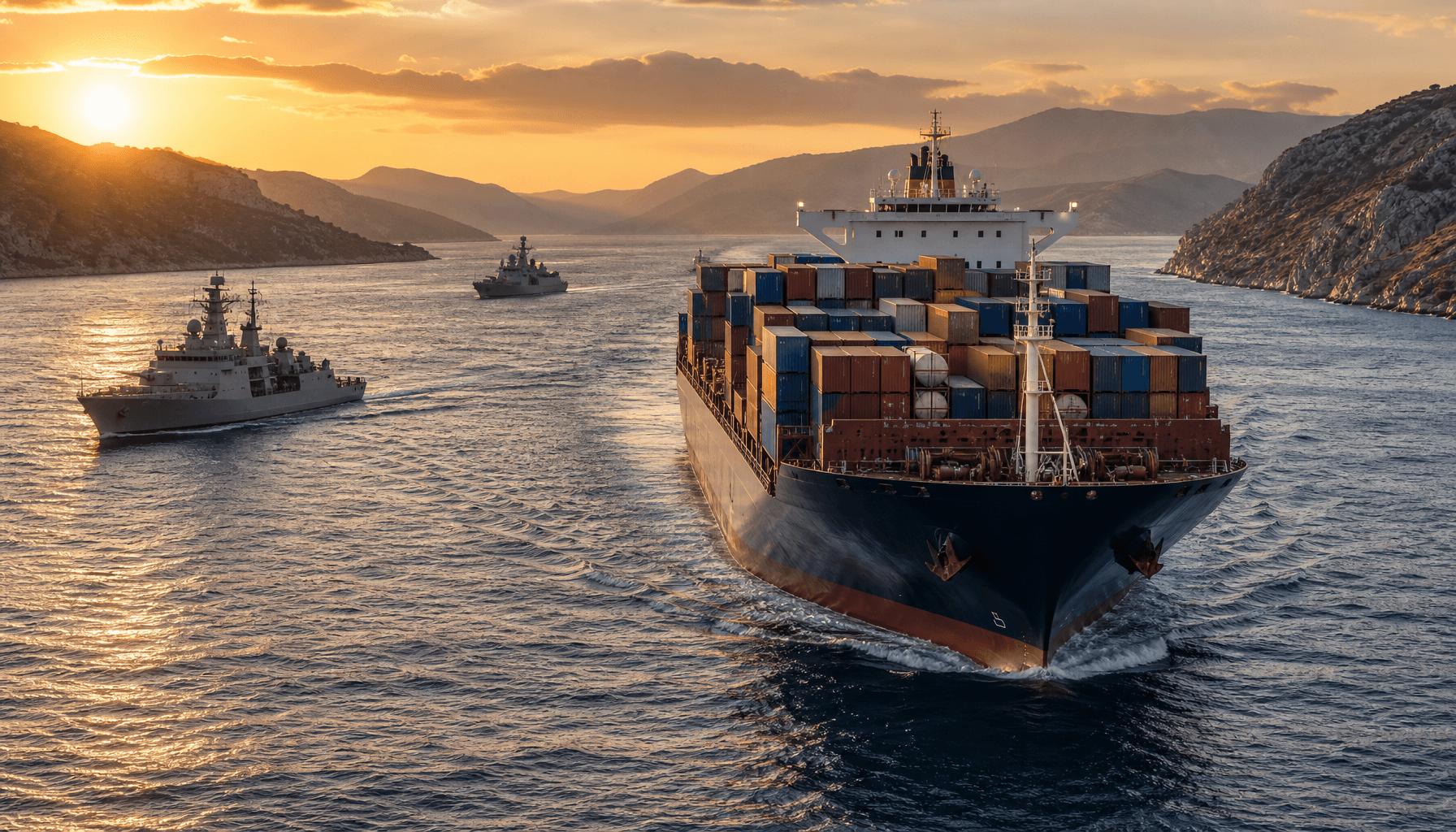 A tactical view of a commercial container ship navigating narrow, high-tension maritime waters with