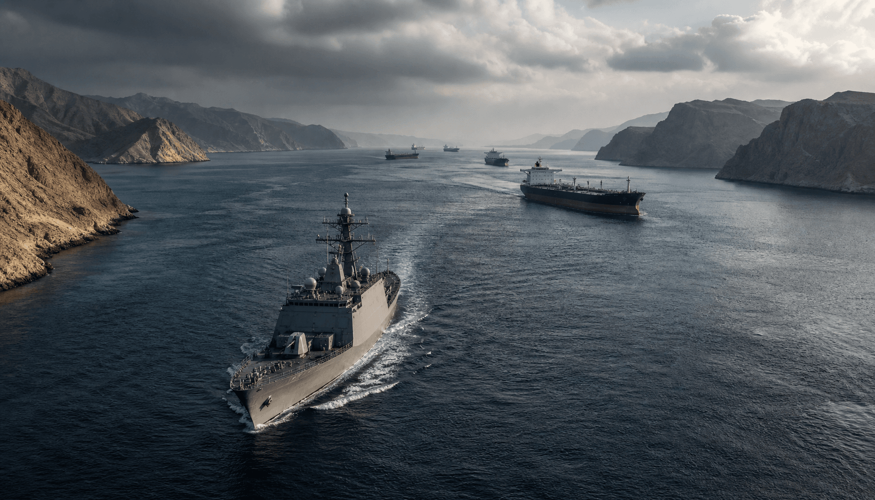 A tense aerial view of a military naval vessel patrolling the narrow Strait of Hormuz with tankers i