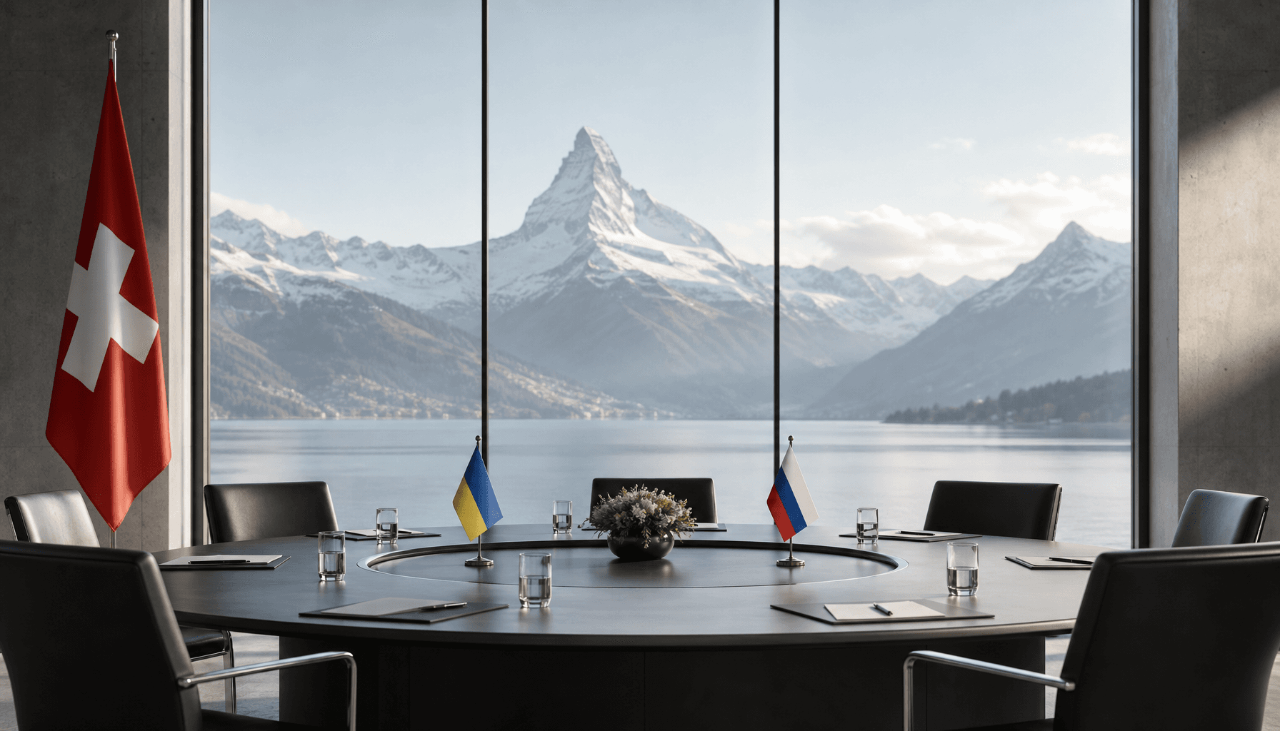 A modern, minimalist representation of diplomatic tables in a Swiss setting with mountain silhouette