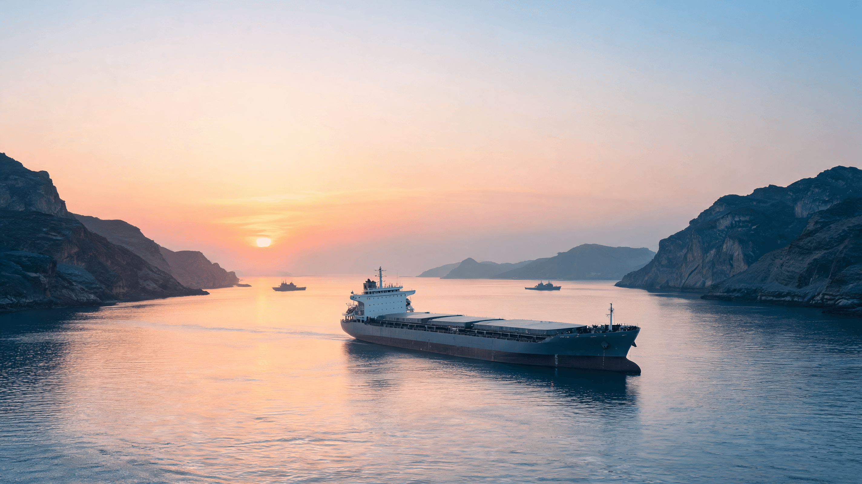 A modern oil tanker sailing through the Strait of Hormuz at sunrise, with silhouettes of naval patro