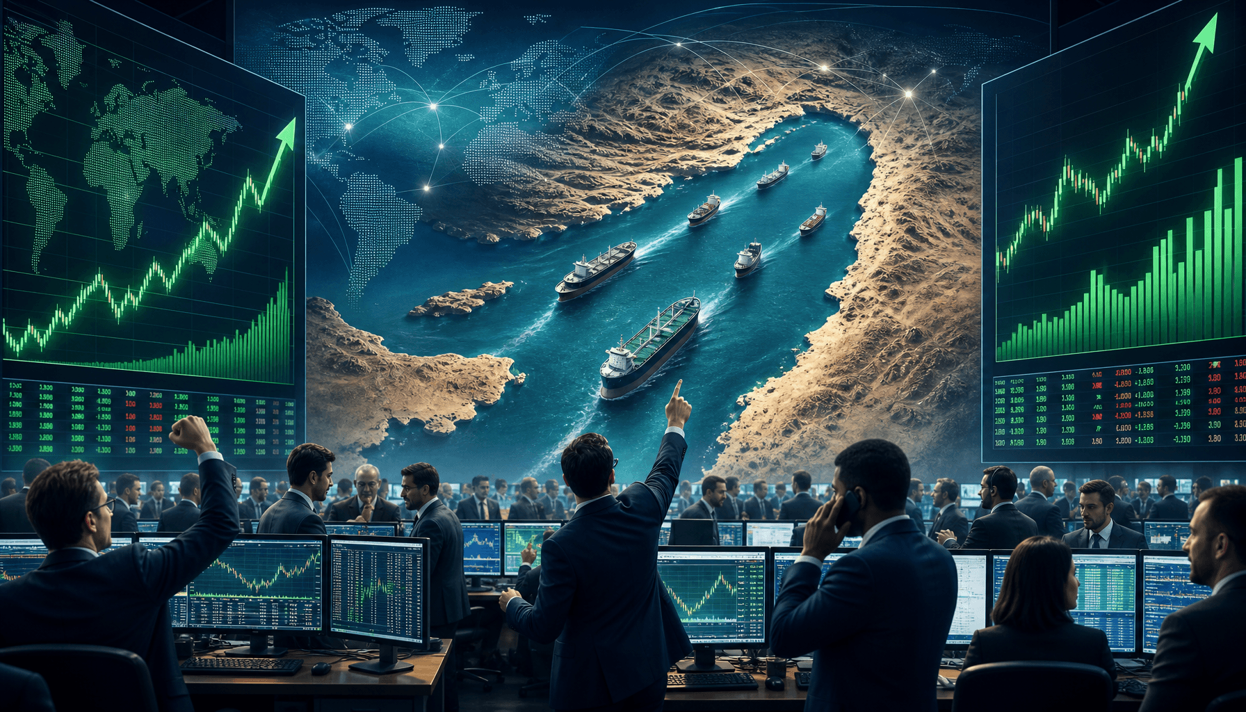 A digital illustration of a bustling global stock market floor showing green upward charts, with a s