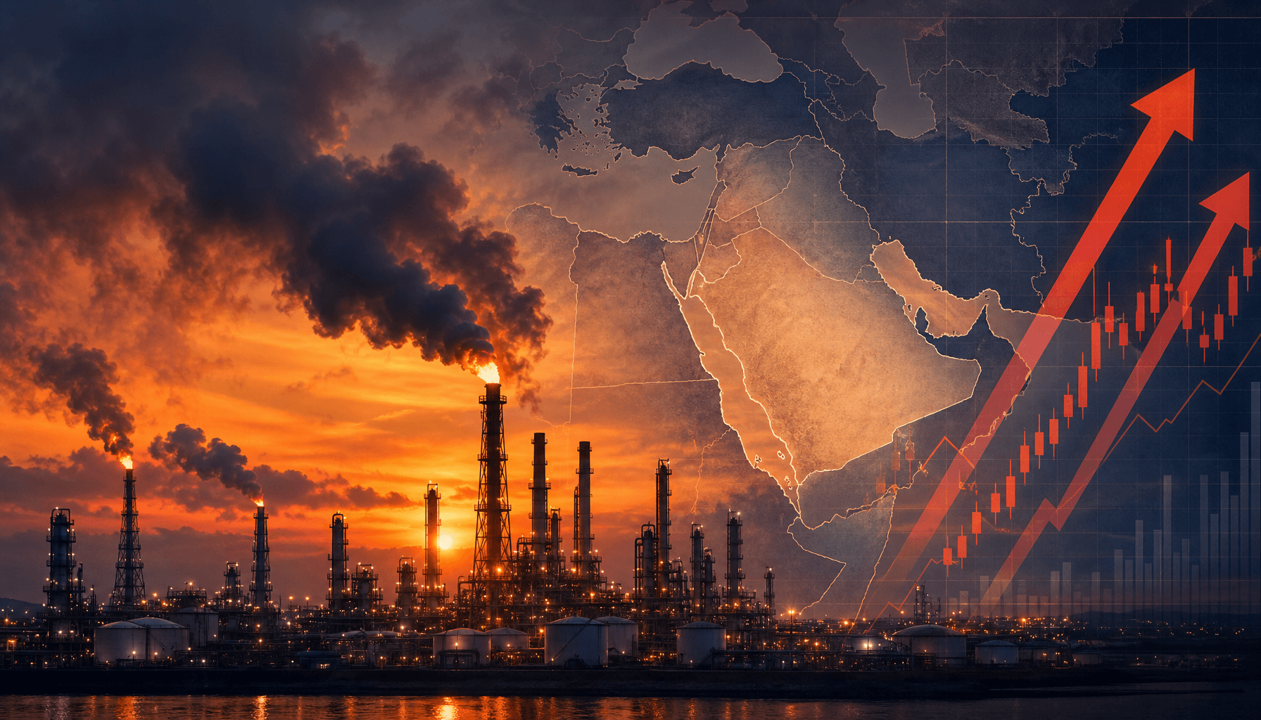 A dramatic shot of an oil refinery at dusk with smoke plumes, combined with a map overlay of the Mid