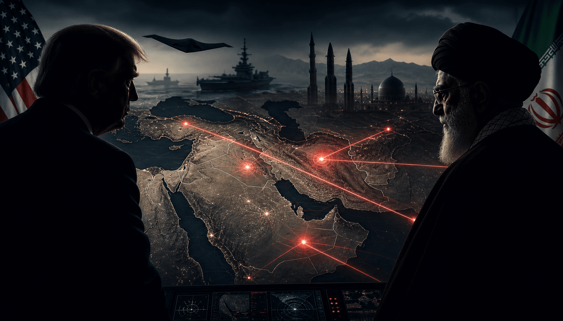 A tense conceptual image showing a military map of the Middle East with red laser-guided targeting l