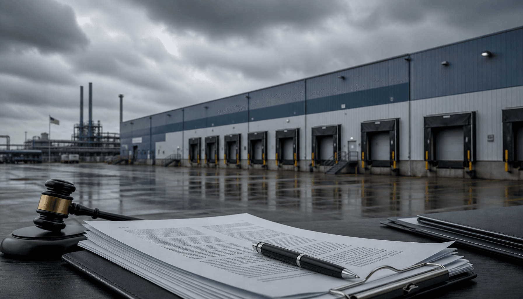 A modern American industrial manufacturing plant with empty shipping docks and a grey, overcast sky