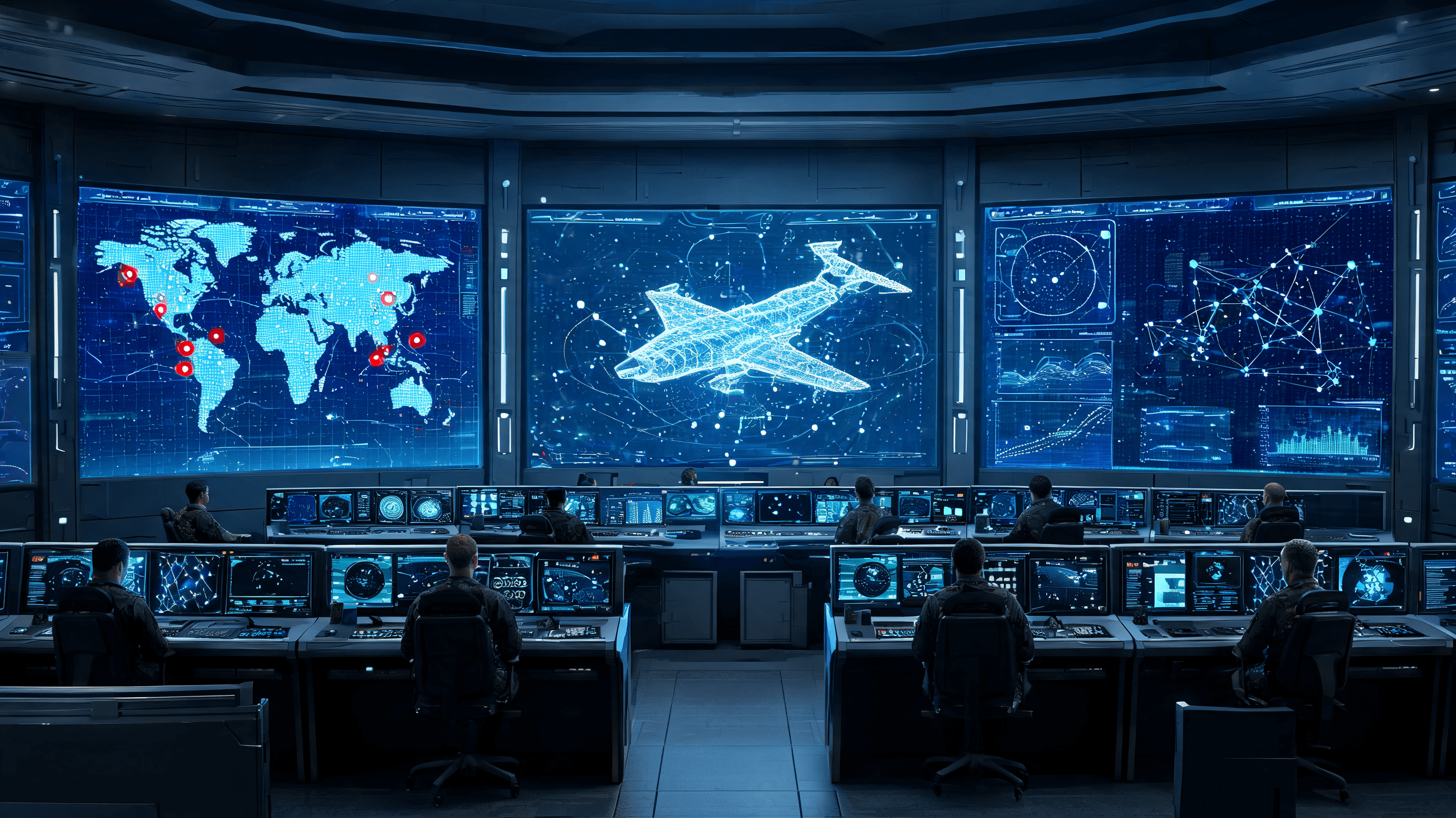 A modern, high-tech defense operations room featuring digital maps, data nodes, and AI-assisted holo