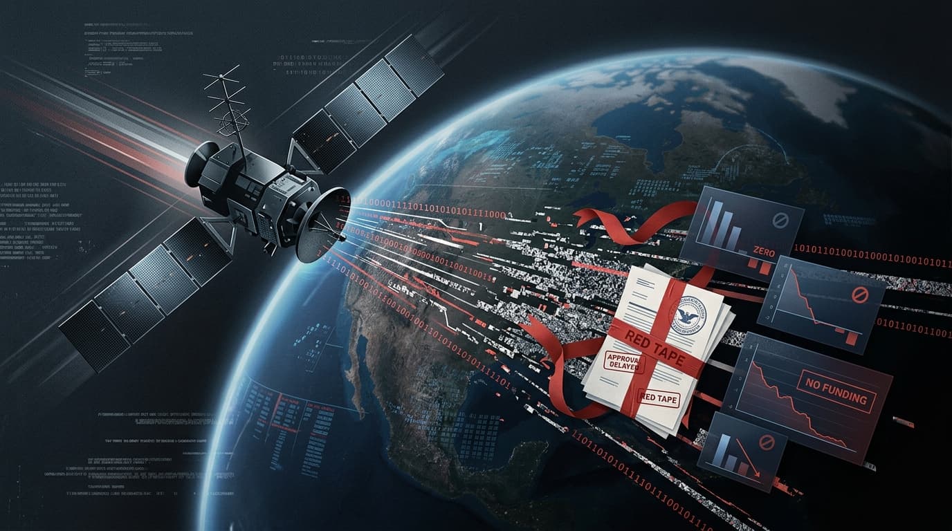 A conceptual graphic illustrating a military satellite orbiting the Earth, with complex data streams