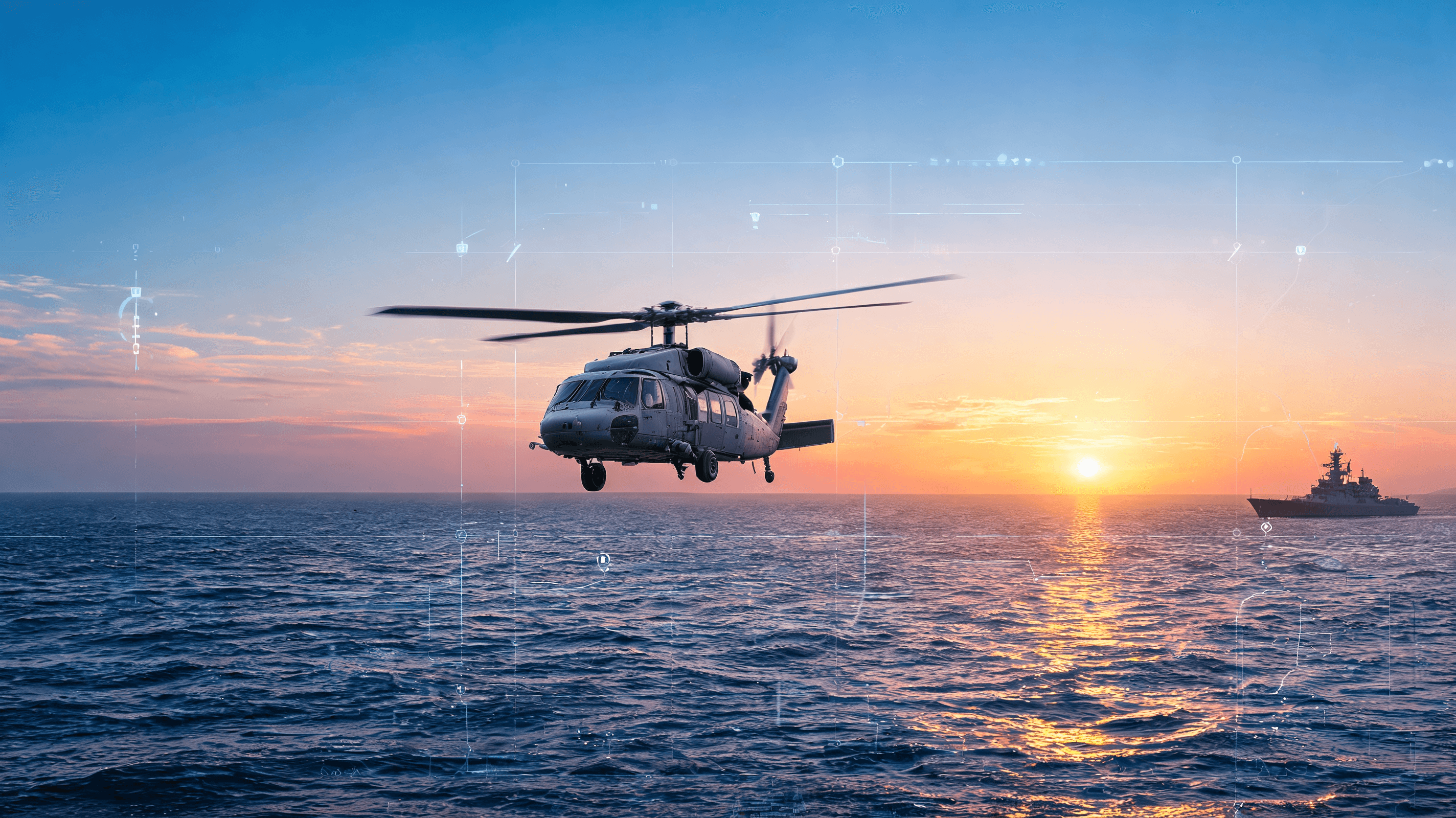 A modern US military helicopter flying over the Strait of Hormuz during sunset, with a subtle overla