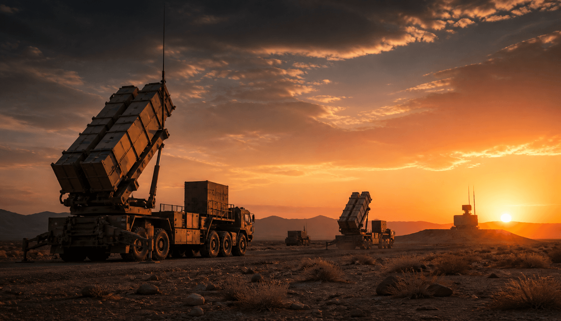 A tactical military scene showing missile defense system launchers in a desert landscape, with a dra