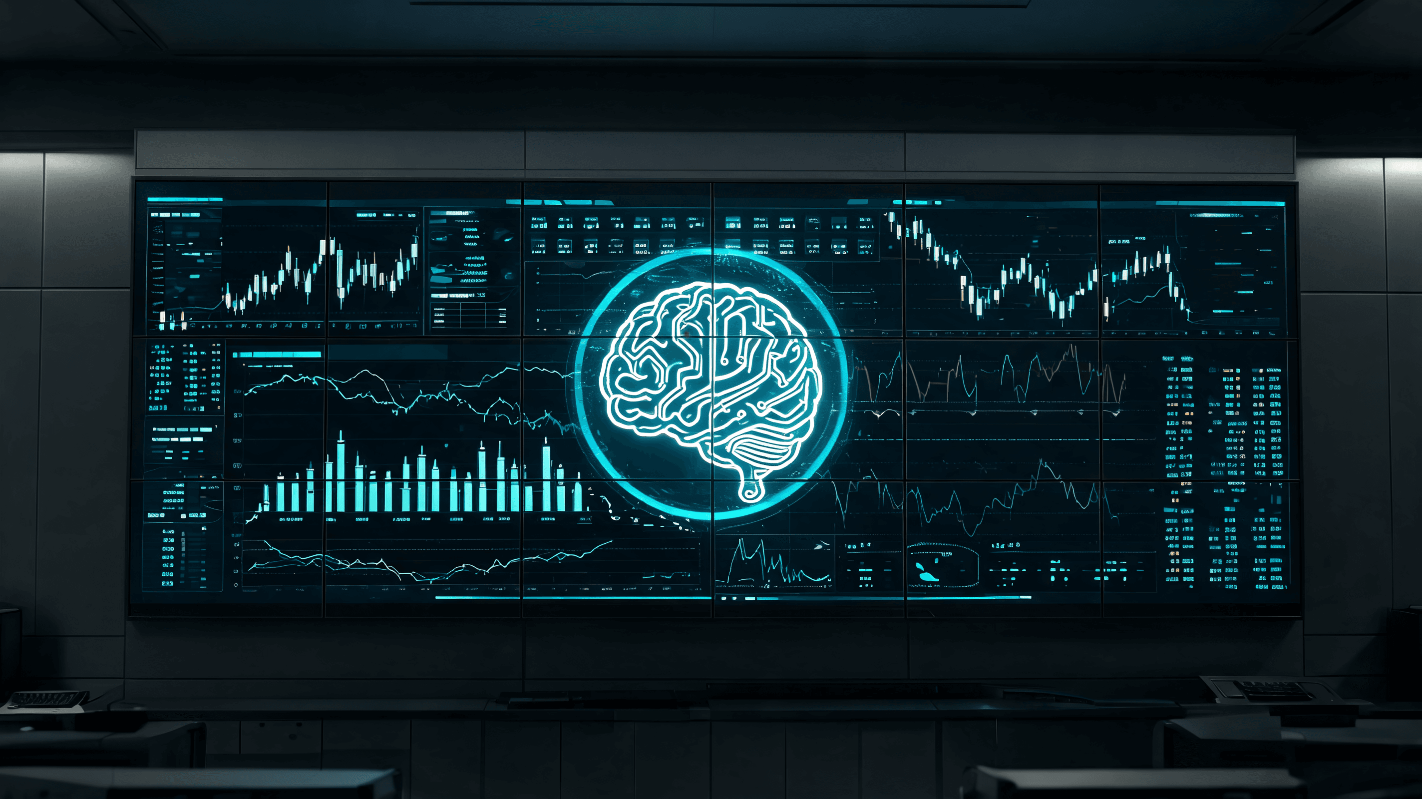 A modern, high-tech control center screen showing a digital grid of glowing trading charts and data