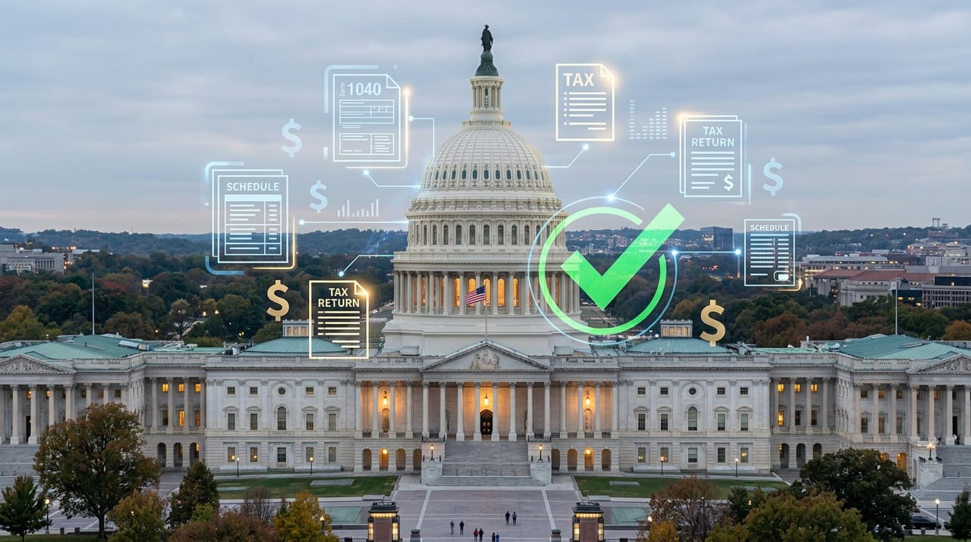 A conceptual image of the US Capitol dome overlaid with digital tax document icons and a free 'check