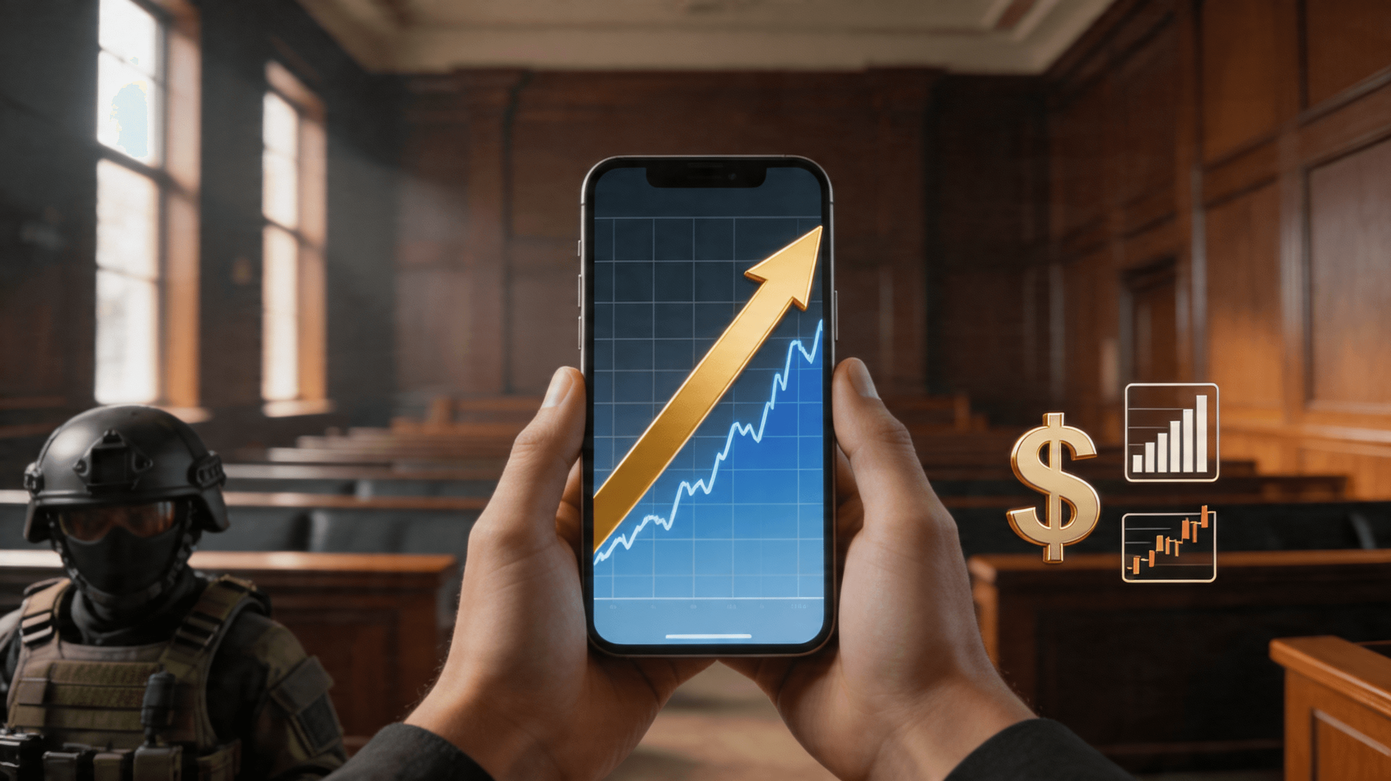 A courtroom or high-stakes investigation scene, a smartphone screen showing a generic prediction mar