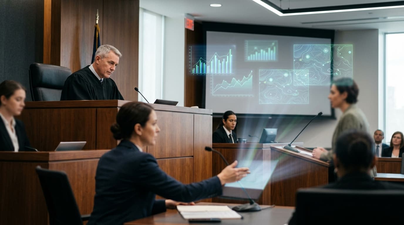 A courtroom scene with digital holographic icons of financial charts and military maps fading in the