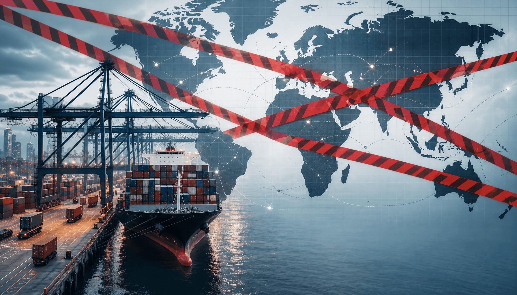A modern shipping port with containers, red barrier tape over trade routes on a map, global economic