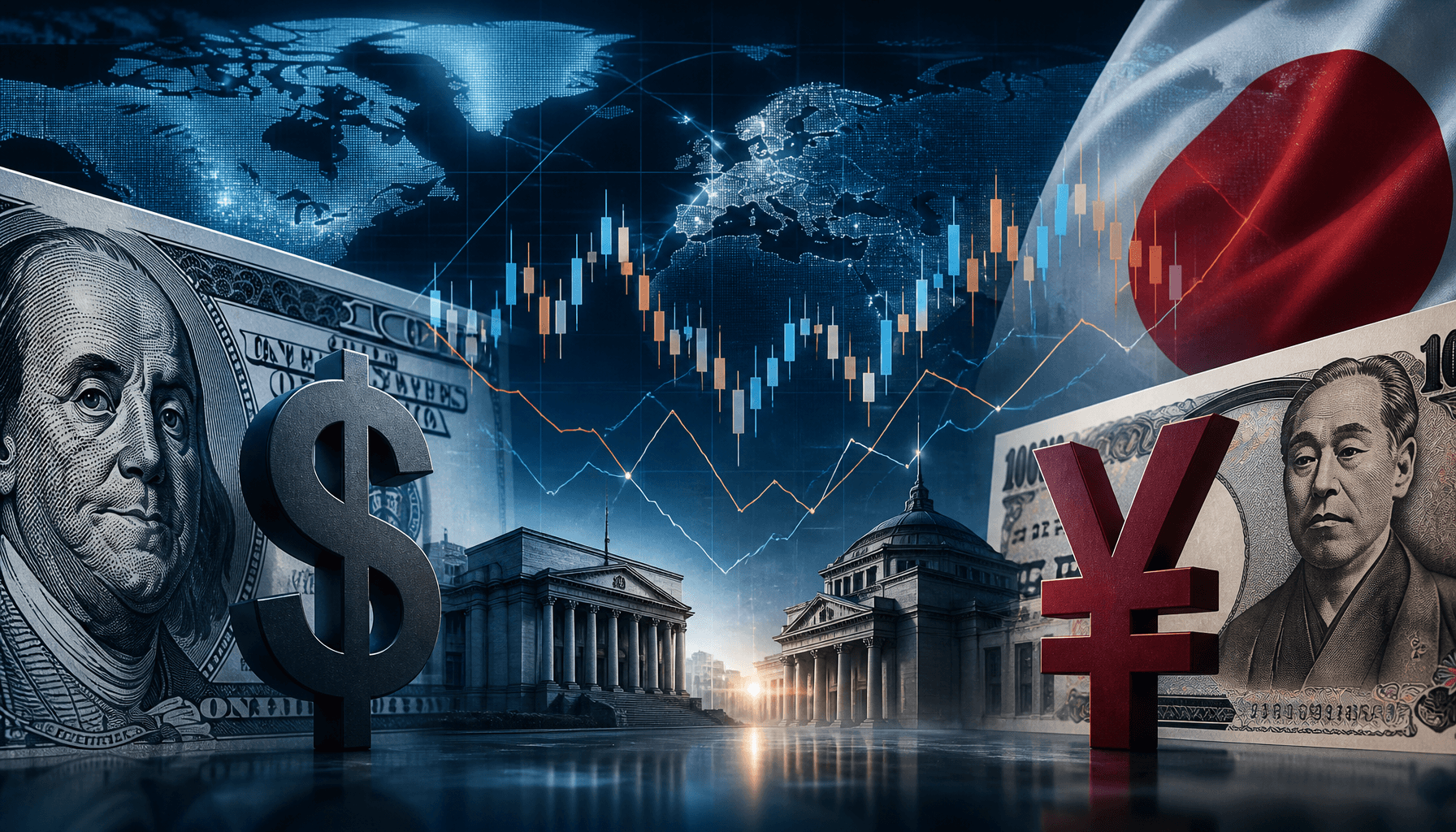 Global currency market visualization, fluctuating charts, silhouettes of banking buildings, symbolic