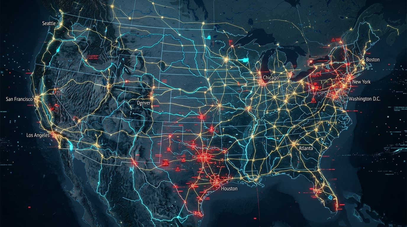 A tense, high-tech conceptual art of a digital map showing interconnected power and water grids, wit