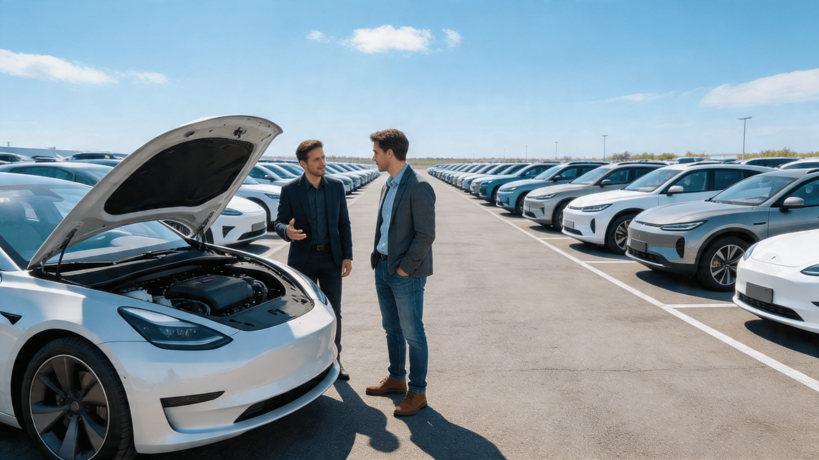 A sprawling, well-organized used car lot filled with rows of modern electric vehicles under bright d