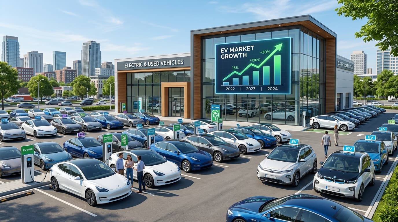 A sunny scene of a modern used car dealership lot, highlighting electric vehicle models, with a digi