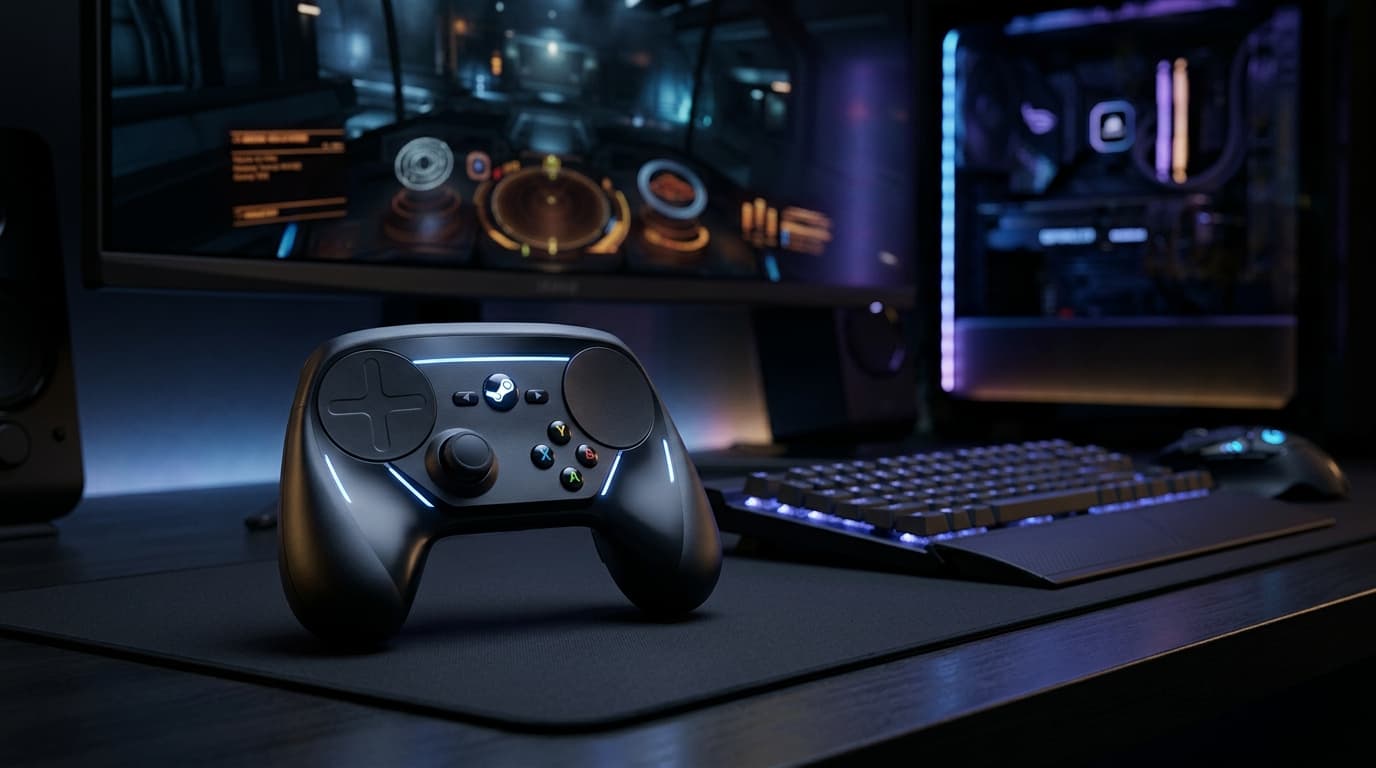 A professional product shot of the new Steam Controller, ergonomic design, sleek matte finish, glowi
