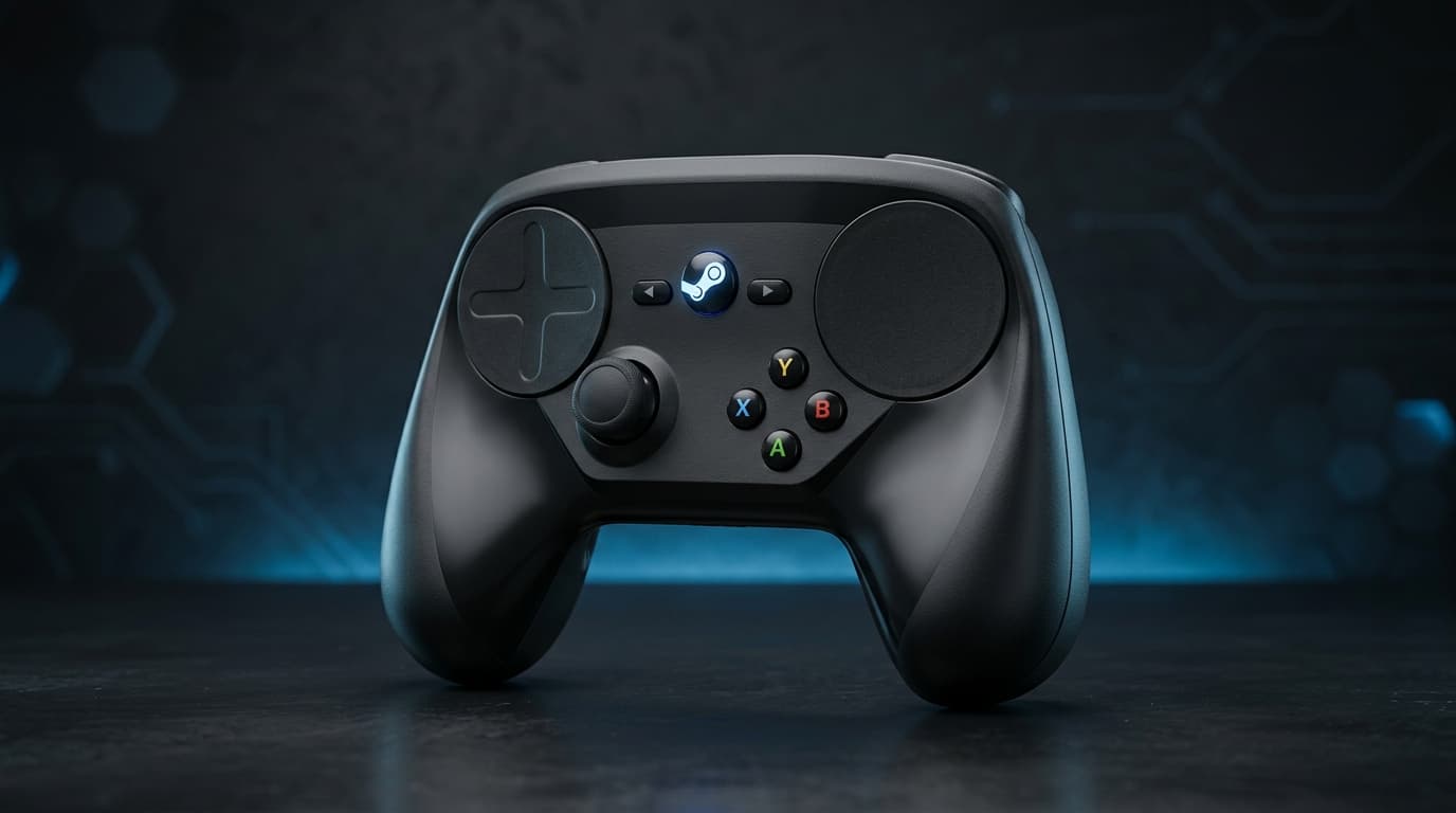 A professional product shot of the sleek, modern Steam Controller on a dark background with subtle b