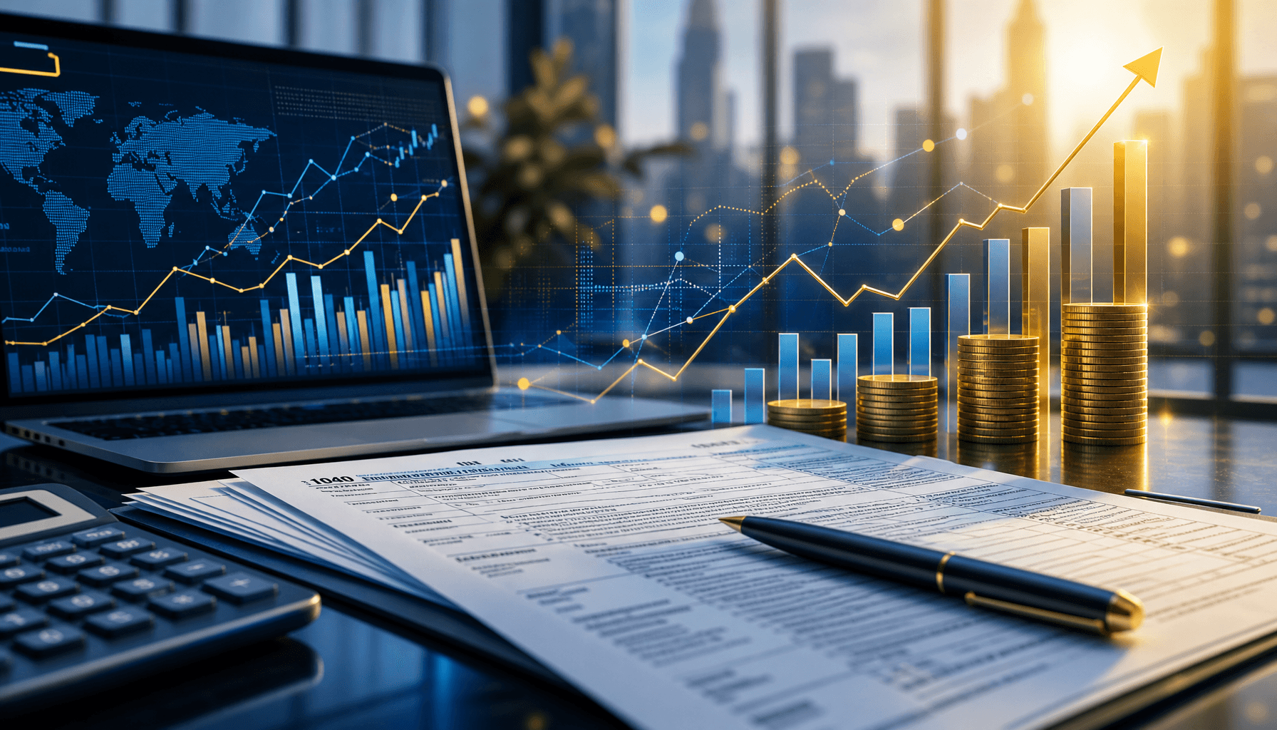 Abstract digital representation of financial market graphs and tax documents, professional office se