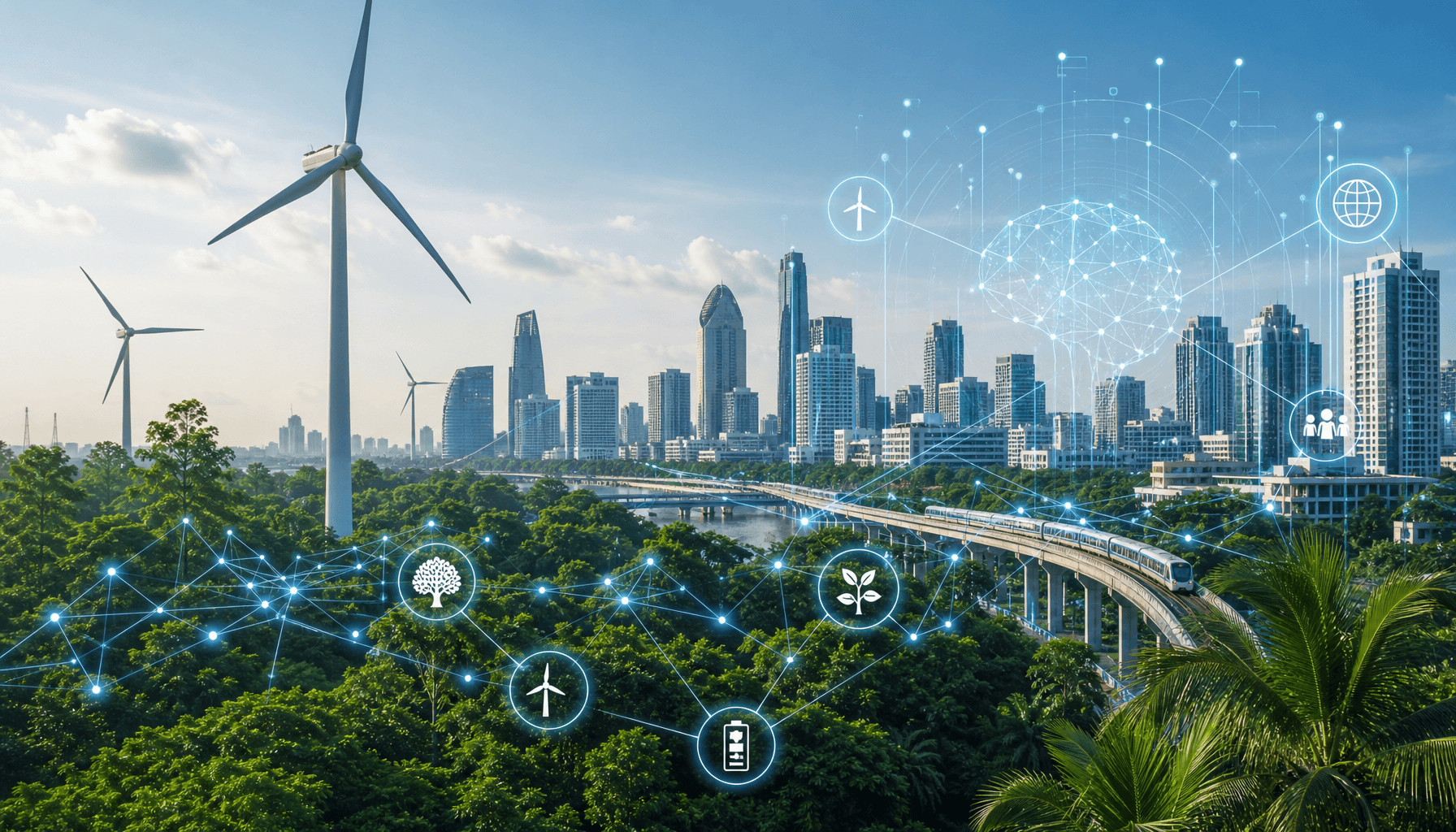 A modern cityscape featuring futuristic digital network lines overlaying green trees and wind turbin