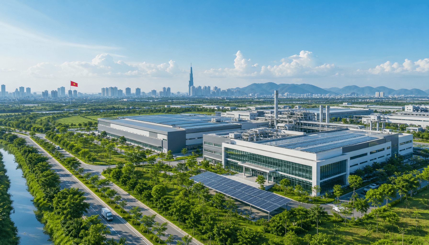 A modern industrial skyline in Vietnam with high-tech factories integrated with lush green landscape