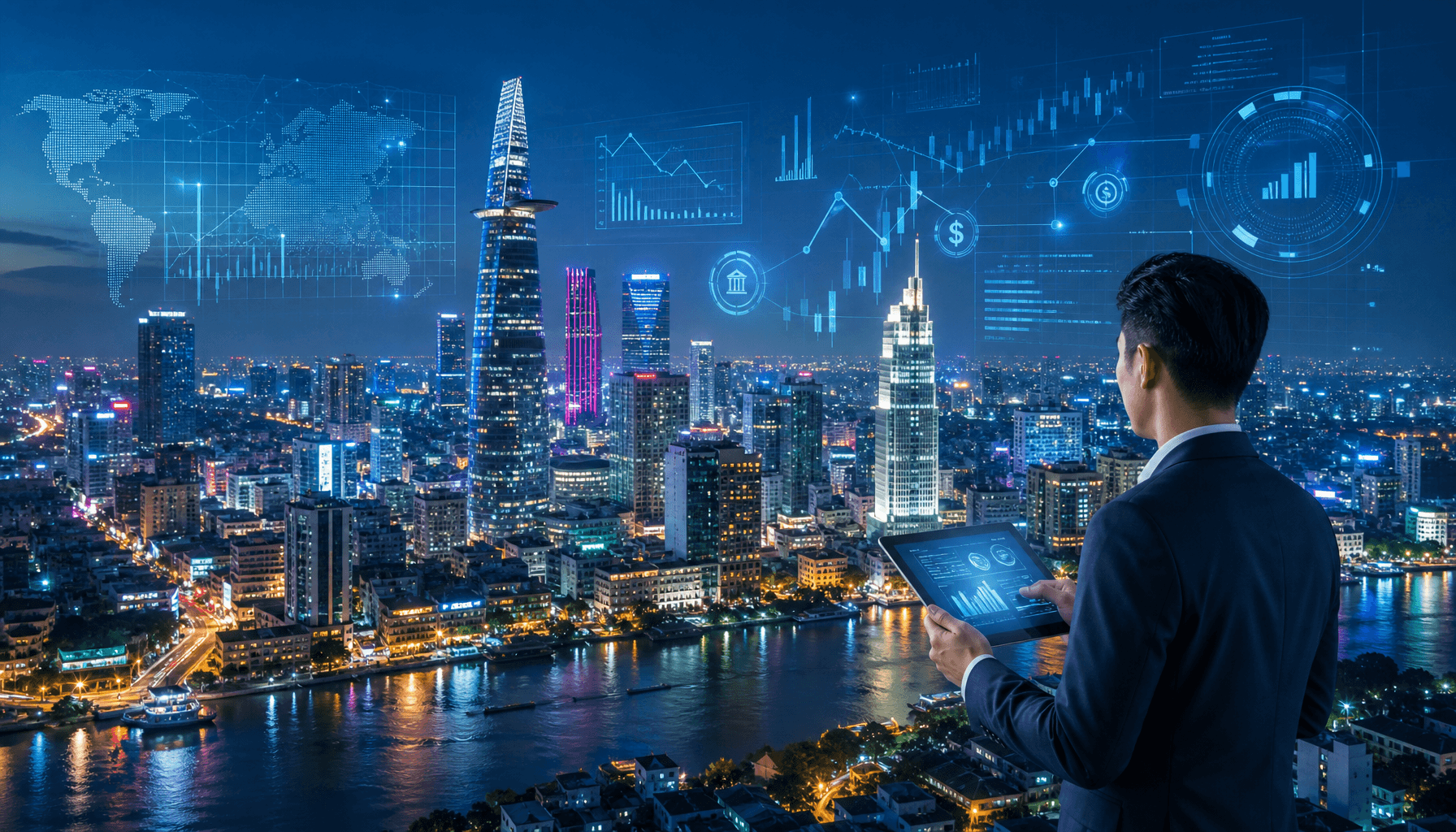 A modern cityscape of Ho Chi Minh City with digital financial UI overlays, high-tech aesthetic, vibr