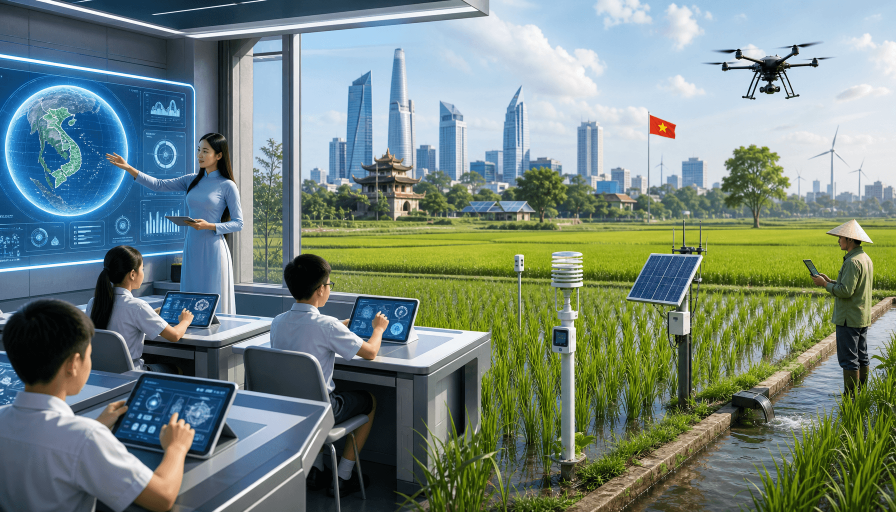 A modern technological landscape in Vietnam, combining futuristic digital education classrooms with