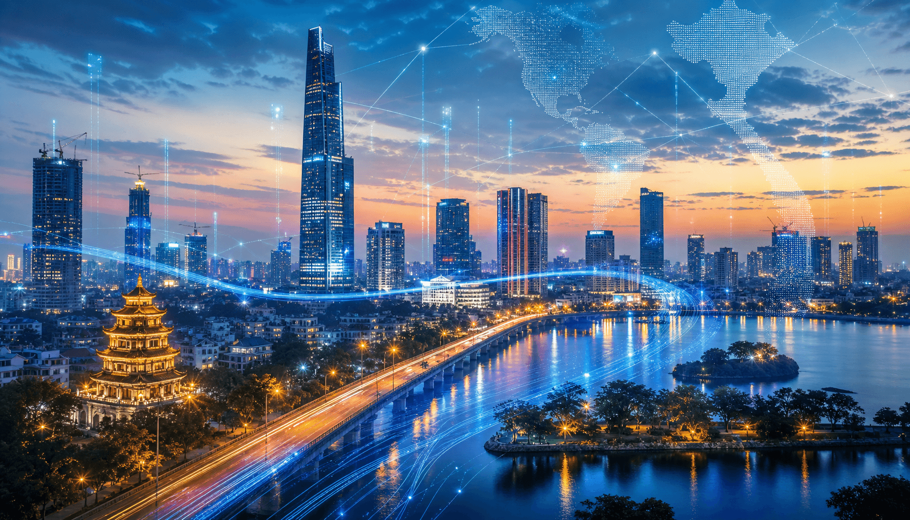 A futuristic skyline of Hanoi with digital overlays representing data streams and connectivity, symb