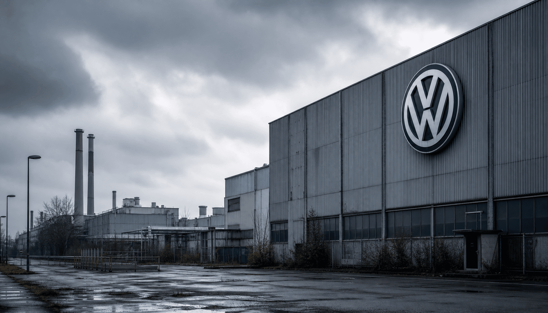 A desolate industrial automotive plant exterior with a large Volkswagen logo, symbolizing the challe