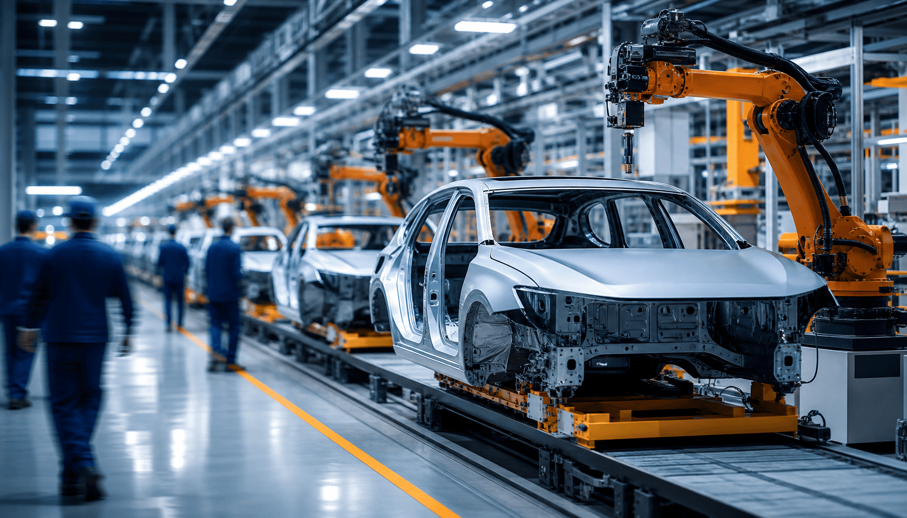 A modern electric vehicle assembly line in a factory with blurred silhouettes of workers and robotic