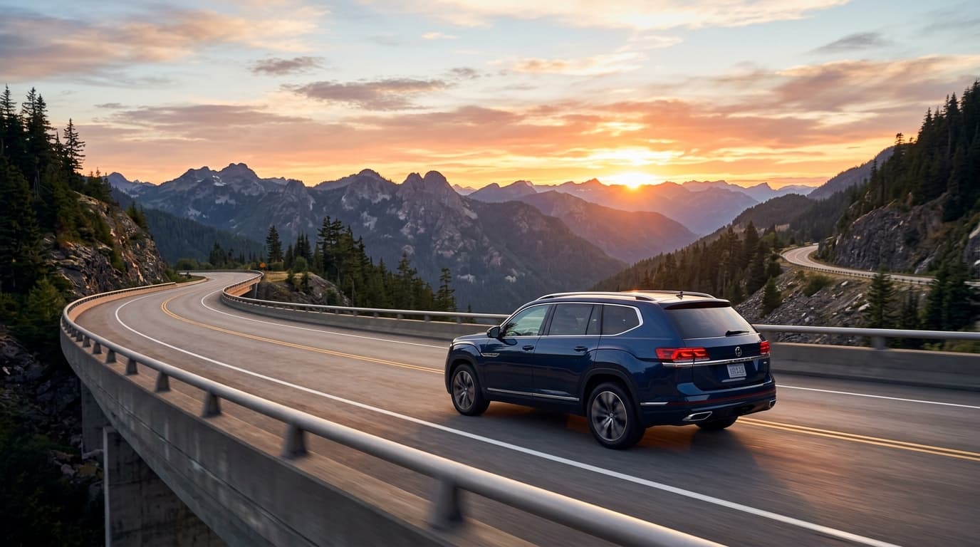 A Volkswagen Atlas SUV driving on a mountain highway, with a sunset background, professional vehicle