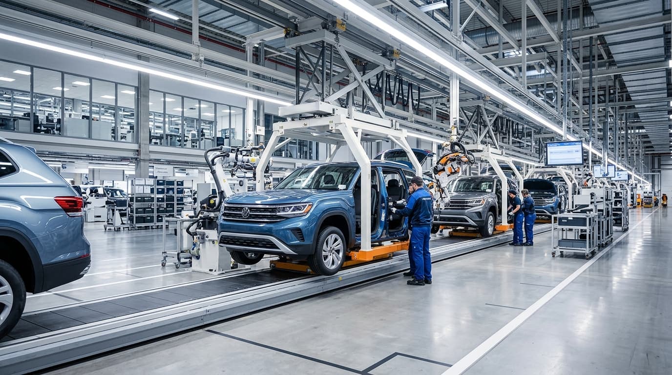 A modern car assembly line showing a Volkswagen Atlas SUV being manufactured in a professional, brig