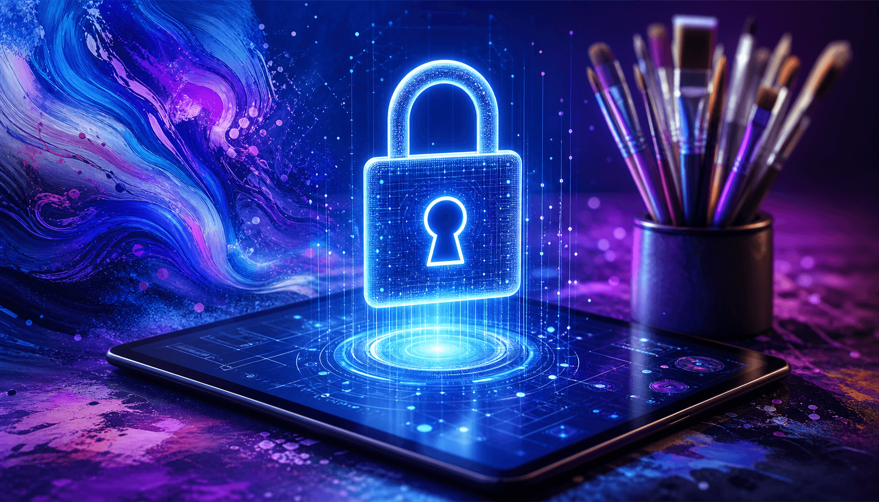 A digital illustration of a glowing lock icon hovering over a tablet interface, with vibrant paint b