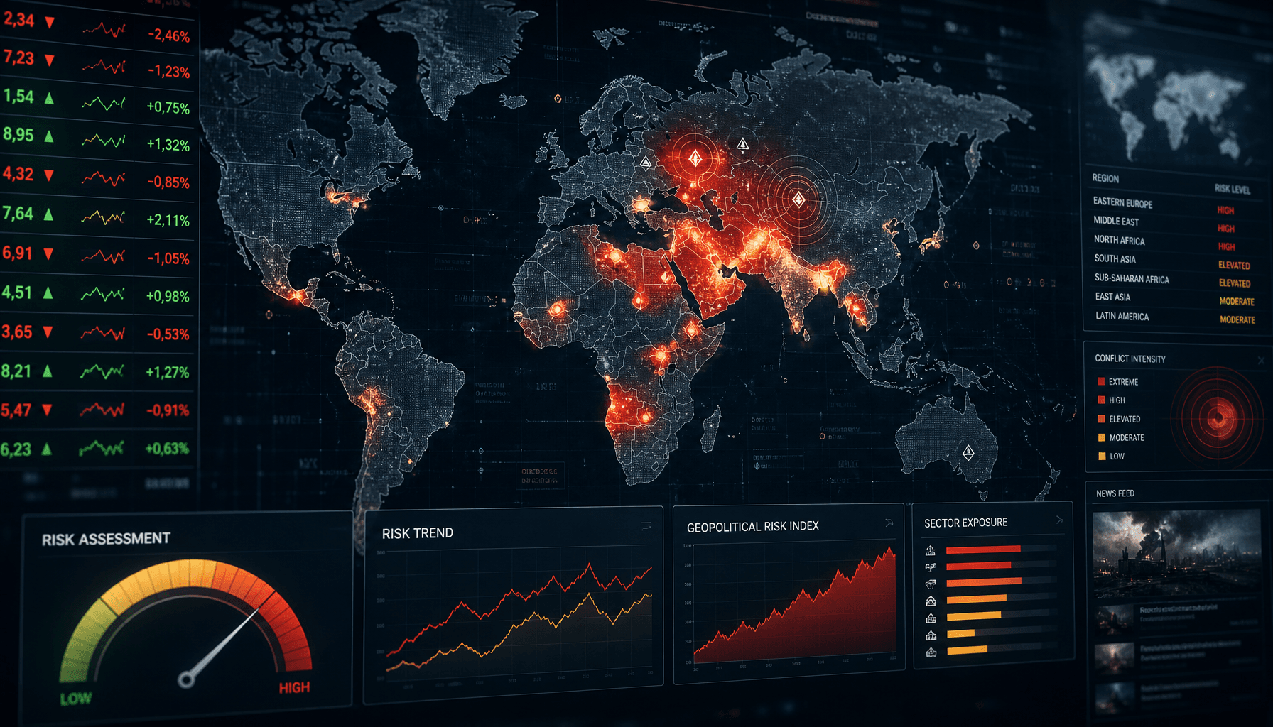 A sophisticated digital interface showing a global map with heat maps for conflict zones, overlaid w