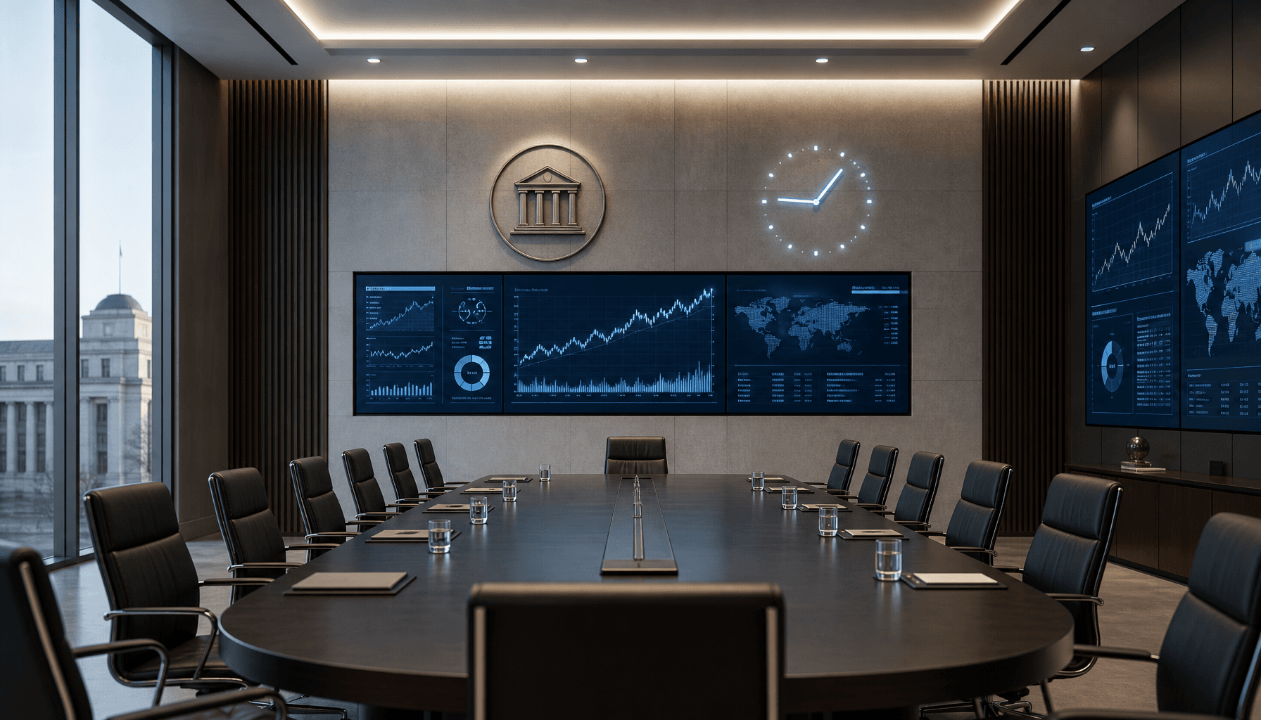 A modern, minimalist central bank boardroom with a digital clock and glowing data charts.